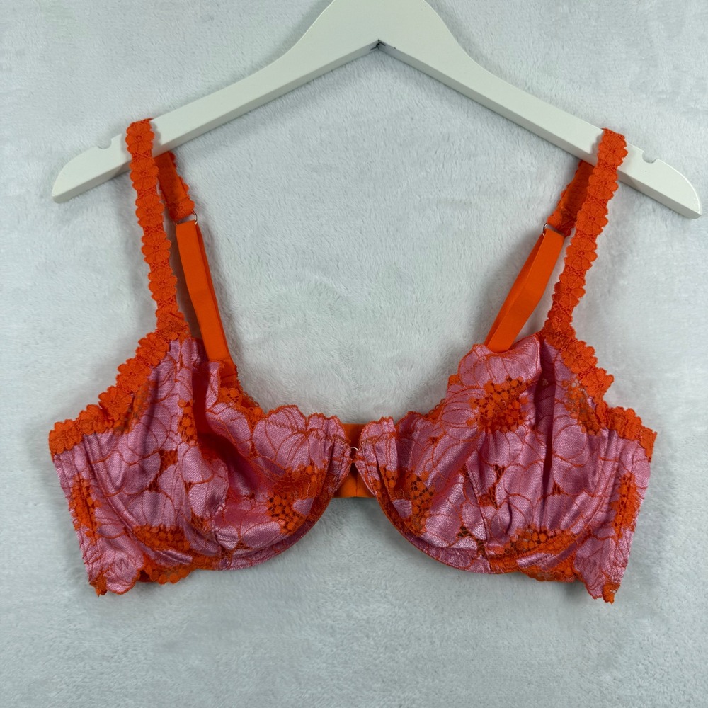Savage X Fenty Orange Pink Floral Lace Underwire Bra 38D Scalloped Trim Lingerie